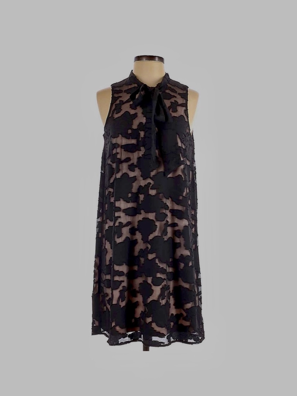 Ivanka Trump Black Floral Overlay Tie-Neck Mini Dress
